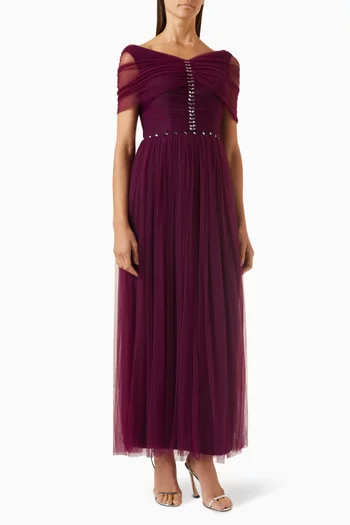 Crystal-embellished Ruched Maxi Dress in Tulle