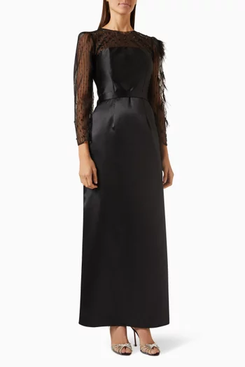 Feather-trimmed Maxi Dress in Tulle
