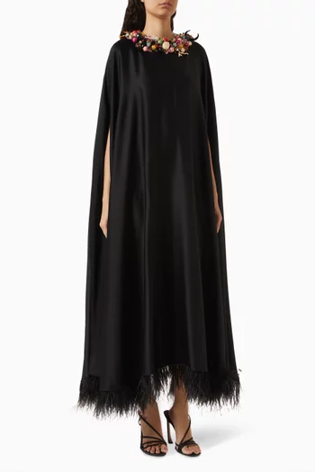 Sprinkle Detachable Necklace Feather Maxi Dress in Satin