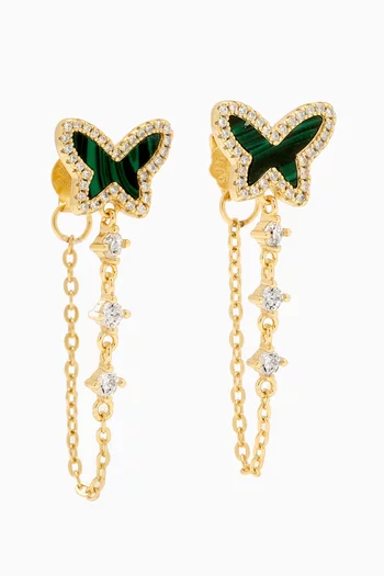 Butterfly Pavé Malachite Drop Chain Earrings in 14kt Gold-plated Sterling Silver