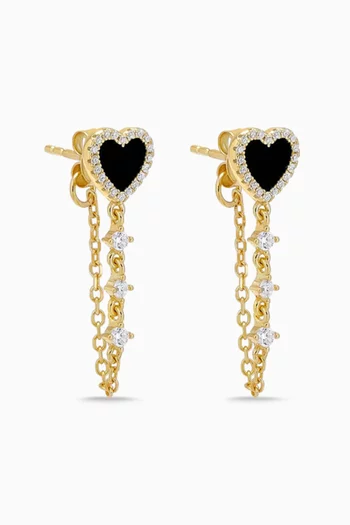 Heart Pavé Onyx Drop Chain Earrings in 14kt Gold-plated Sterling Silver