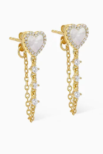 Heart Pavé Mother-of Pearl Drop Chain Earrings in 14kt Gold-plated Sterling Silver