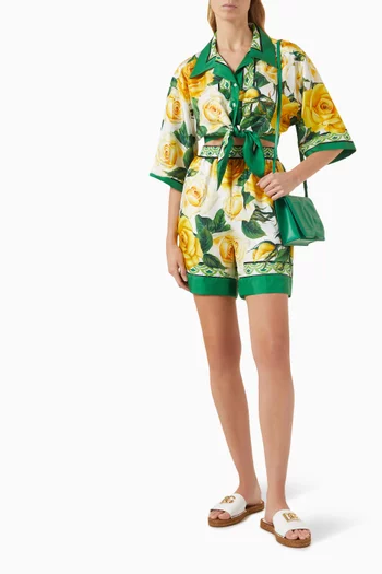 Floral-print Tie Crop Shirt in Silk-twill
