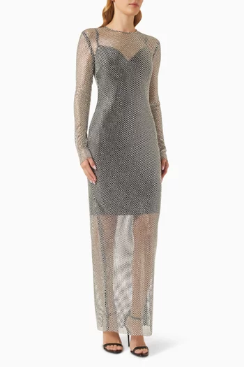 Embellished Mesh Maxi Dress in Polyester