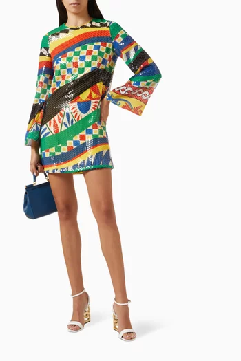 Sequinned Carreto Print Mini Dress in Polyester