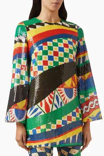 Sequinned Carreto Print Mini Dress in Polyester
