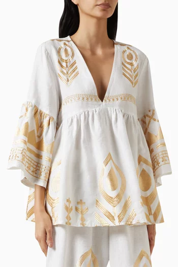 Deep V-neck Embroidered Tunic in Linen