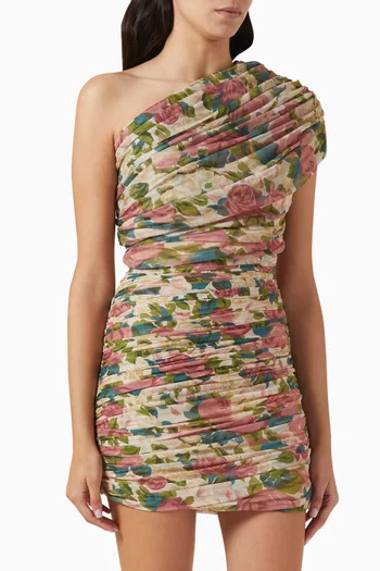 Ruched Floral-printed One-shoulder Dress in Tulle