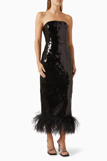 Minelli Feather-trim Strapless Maxi Dress in Sequins