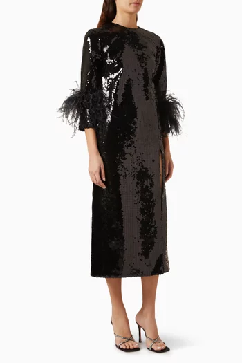 Billie Feather-trimmed Midi Dress in Sequin