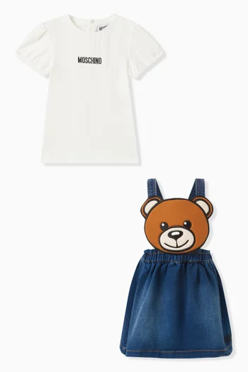 طقم فستان بتصميم دنغري ودب تيدي دينم قطني