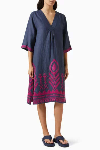 Embroidered Feather V-neck Dress in Linen