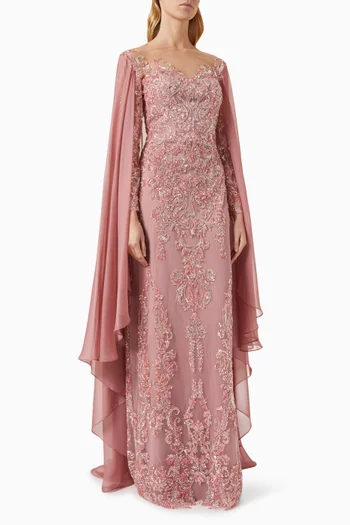 Agnes Cape-sleeve Gown in Embroidered Fabric