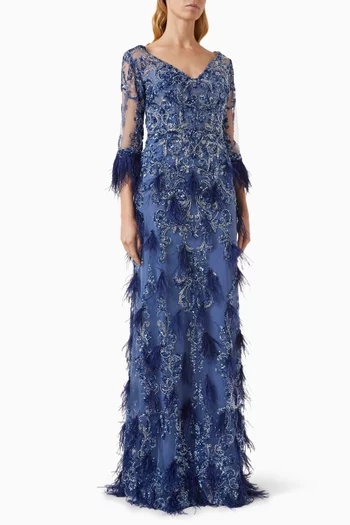 Dimitra Feather-trim Gown in Embroidered Fabric