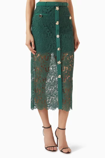 Belted Midi Skirt in Guipure Lace