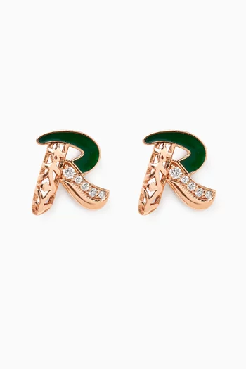 Retro Diamond & Enamel Letter 'R' Earrings in 18kt Rose Gold