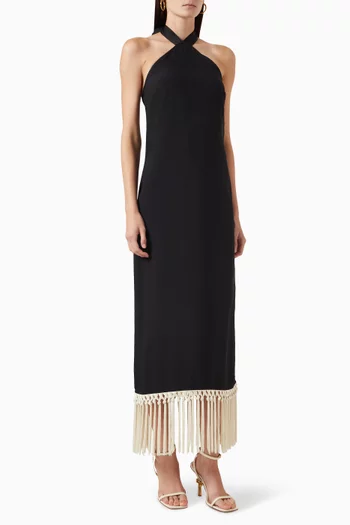 Nina Hand-Tied Fringes Maxi Dress in Crepe Cady