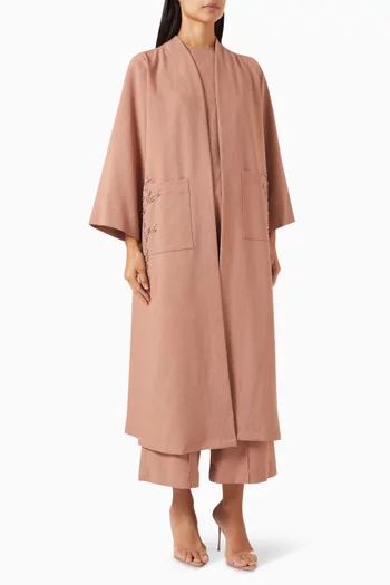 4-piece Embroidered Abaya Set in Cotton-linen Blend