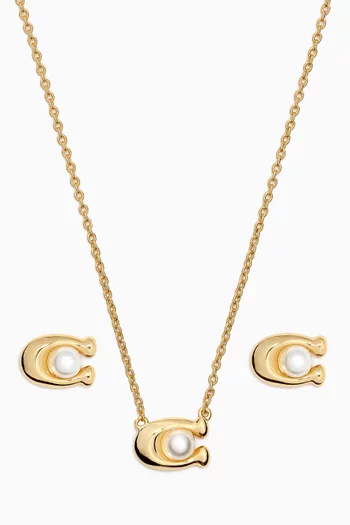 طقم قلادة وأقراط على شكل حرف C مرصعة باللؤلؤ نحاس مطلي بلون ذهبي