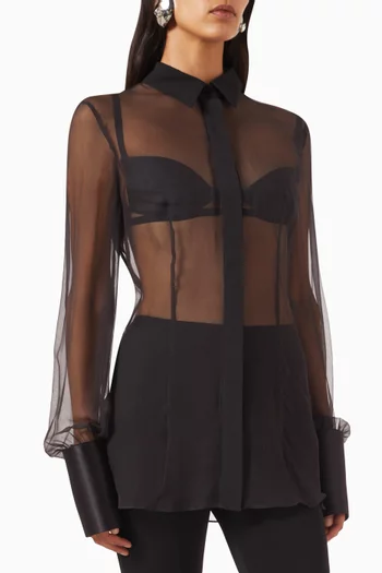 Sheer Fitted Shirt with Satin Cuffs in Silk