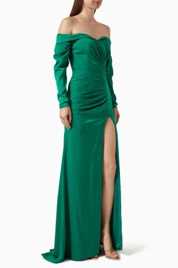 Drape Off-shoulder Gown in Satin-crepe