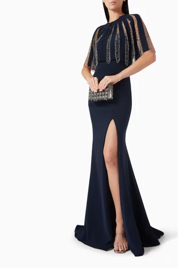 Embroidered Cape Gown in Crepe
