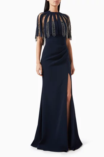 Embroidered Cape Gown in Crepe