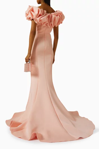 Ruffled Off-shoulder Gown in Scuba