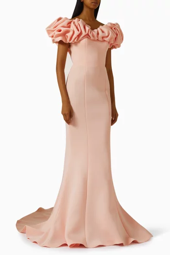 Ruffled Off-shoulder Gown in Scuba