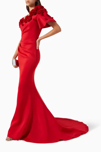 One-shoulder Floral-appliqué Gown in Scuba