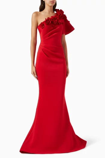 One-shoulder Floral-appliqué Gown in Scuba