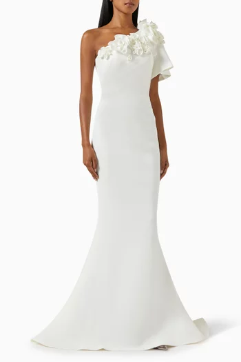 One-shoulder Floral-appliqué Gown in Scuba