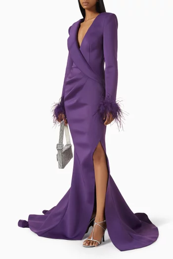 Feather-cuff Slit Gown in Scuba Fabric