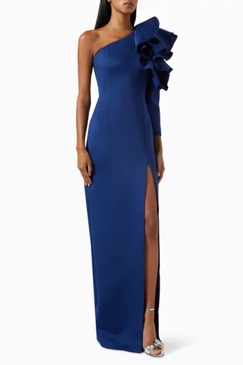 One-shoulder Ruffle Gown in Scuba