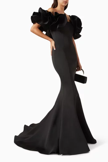 Ruffle Off-shoulder Gown in Scuba