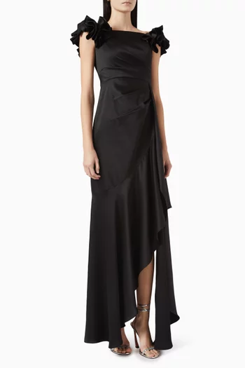 Ruffle-sleeve Maxi Dress in Hammered Satin
