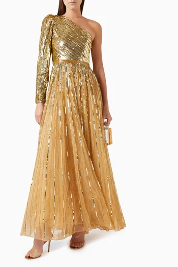 One-shoulder A-line Gown in Mesh