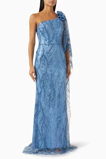 One-shoulder Embroidered Gown in Lace