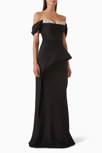Embellished Off-shoulder Gown in Scuba