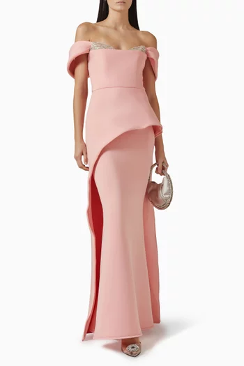 Embellished Off-shoulder Gown in Scuba