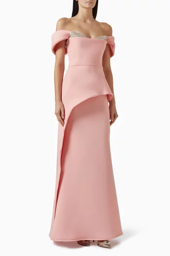 Embellished Off-shoulder Gown in Scuba