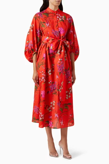 Printed Belted Midi Dress in Cotton-linen