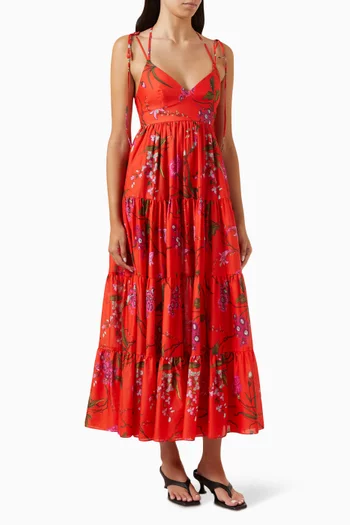 Floral-print Midi Dress in Cotton-linen