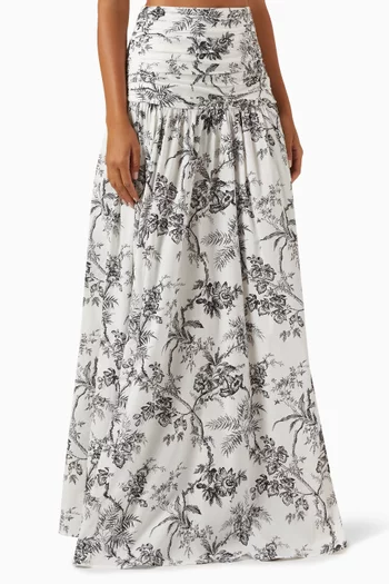 Botanical Toile-print Gathered Maxi Skirt in Cotton-voile