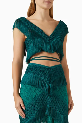 Fringe-trim Wrap-tie Crop Top