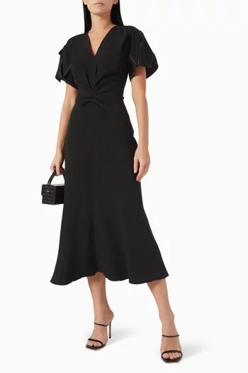 Gathered V-Neck Midi Dress in Viscose Blend
