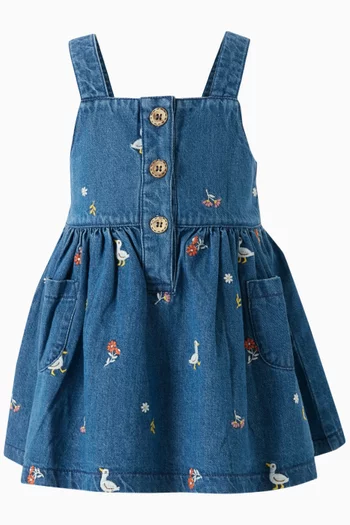 Embroidered Pinafore Dress in Denim