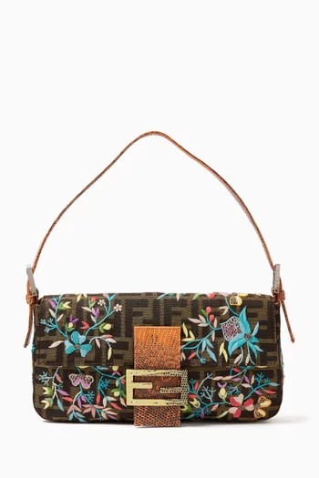 Baguette Embroidered Shoulder Bag in Zucca Canvas & Lizard Leather
