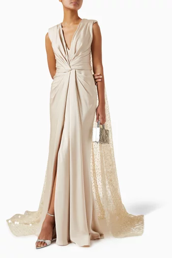 Draped Gown with Beaded Cape in Satin & Tulle