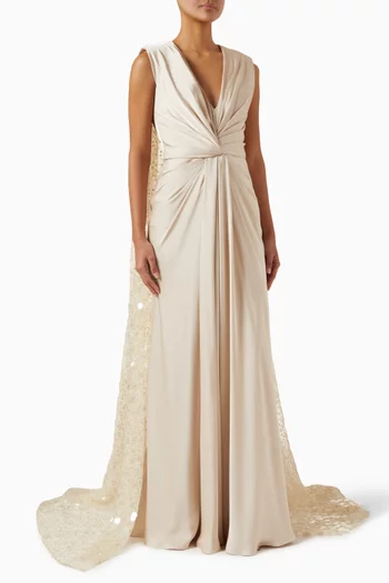 Draped Gown with Beaded Cape in Satin & Tulle